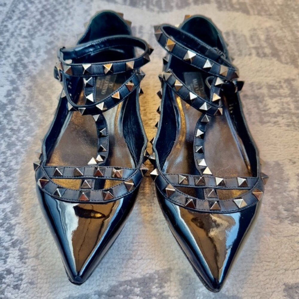 Valentino Black Patent Leather Caged Rockstud Flats
